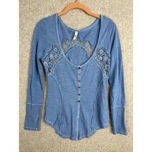 Free People Blue Lace Trim Long Sleeve Henley